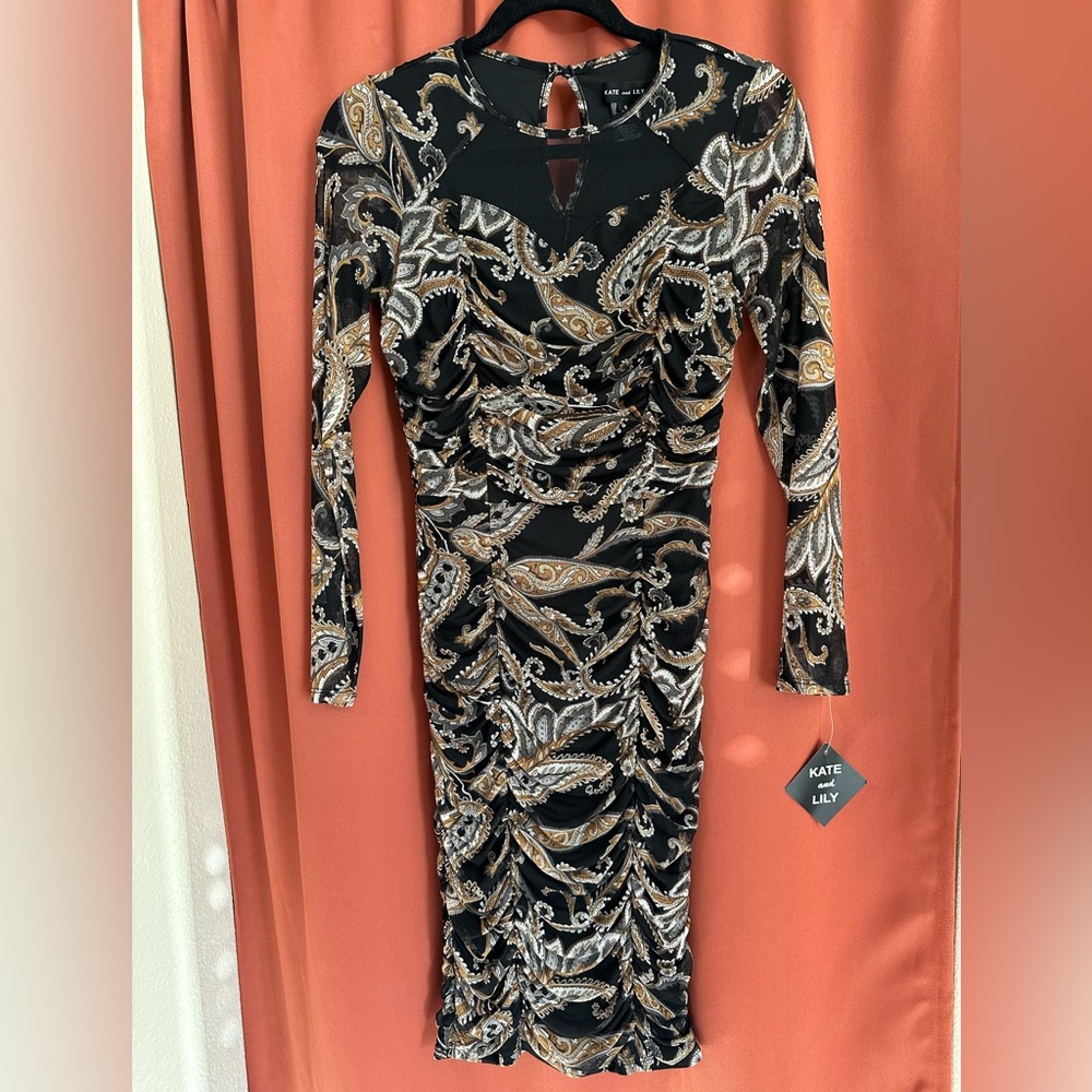 Kate And Lily Long Sleeve Lined Mesh Paisley Midi Ruched Dress Womens 6